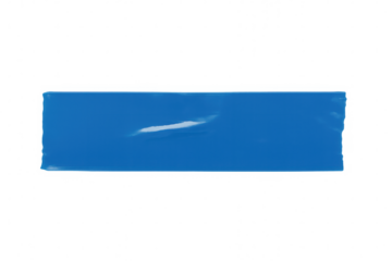 Blue adhesive tape strip with glossy texture, highlighting saturated color against transparent backdrop