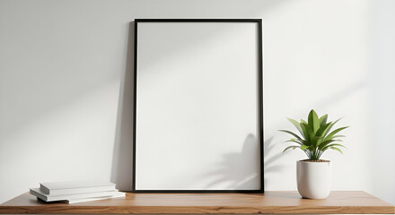 A blank framed poster stands on a wooden table next to a potted plant, with sunlight casting shadows on the wall.