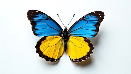 Fototapeta premium Butterfly with Ukrainian Flag Colors on White Background – Emblem of Freedom and HopeSymbolic Ukrainian Flag Butterfly on Clean White Canvas – Representing Resilience and PeaceMinimalist Concept o