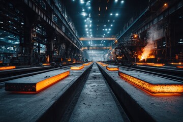 Fototapeta premium Steel factory with hot metal billets on conveyor rollers. Use for industry, heavy manufacturing, and industrial progress.