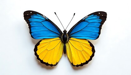 Obraz premium Butterfly with Ukrainian Flag Colors on White Background – Emblem of Freedom and HopeSymbolic Ukrainian Flag Butterfly on Clean White Canvas – Representing Resilience and PeaceMinimalist Concept o