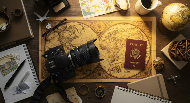 Flatlay of Travel Essentials: Passport, Camera, and Vintage World Map