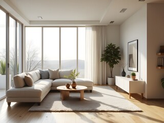 Contemporary Living Room with Floor-to-Ceiling Windows and Light Decor &ndash; AI Generated