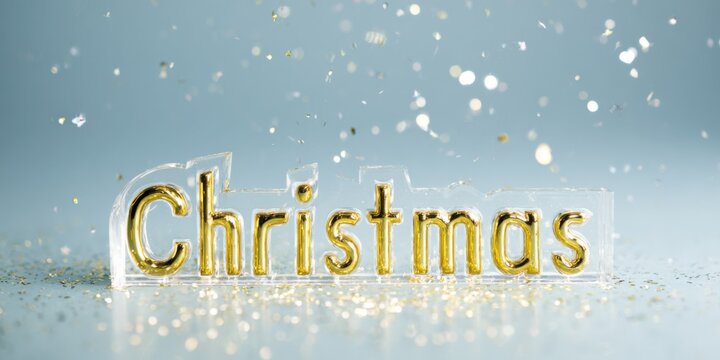 Golden Christmas text with falling confetti and glitter. Holiday season greeting concept. Ideal for winter celebrations and festive background.
