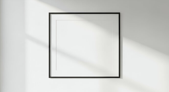 A minimalist black frame hangs on a white wall, illuminated by soft sunlight.