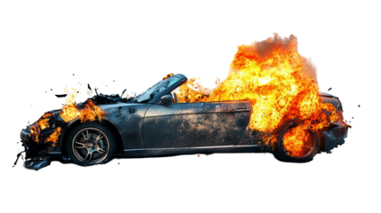 Convertible car engulfed in raging fire with extensive crash damage, charred metal and billowing smoke — high-resolution transparent PNG cutout ideal for emergency response visuals, vehicle accident