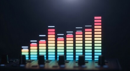 Colorful audio equalizer bars on a dark background, showing various frequencies and levels.