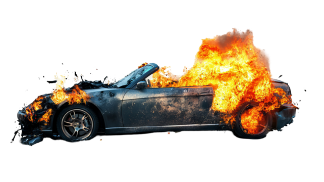 Convertible car engulfed in raging fire with extensive crash damage, charred metal and billowing smoke — high-resolution transparent PNG cutout ideal for emergency response visuals, vehicle accident