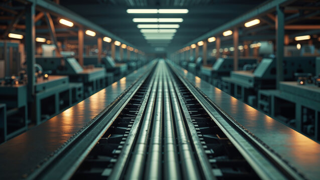 An industrial conveyor belt stretches down a long factory with symmetrical lighting.