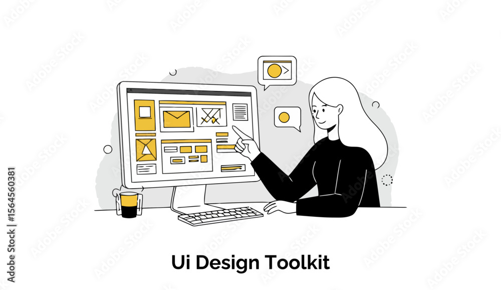 Poster Female UI designer interacting with a computer screen displaying a user interface design toolkit in a home office setting. Woman pointing at elements on the screen in a contemporary, professional way.
