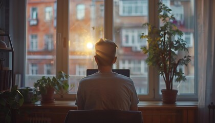 Teenage boy is working on his assignment on his laptop on the bed. Teenage boy is typing on his laptop. Photo of teenage boy typing on laptop in room with large window