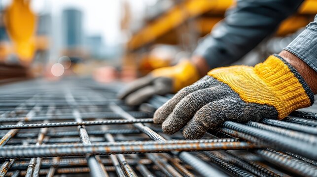 Worker's gloved hands handle rebar, with a city background blurred. Use for construction, infrastructure, or labor themes in your designs.