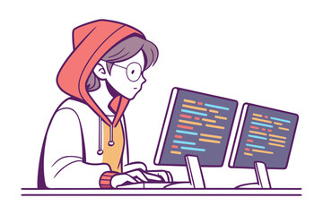 Creative coder with glasses and a hoodie intently typing on a keyboard in front of two monitors displaying code