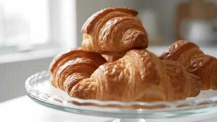 croisantit | croissant - Freshly baked croissants displayed on a glass cake stand in a bright kitchen, showcasing their golden-brown texture and inviting appearance for breakfast