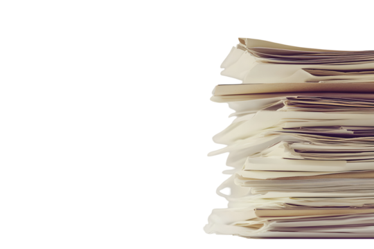 Stack of papers against a solid black background in a close-up shot