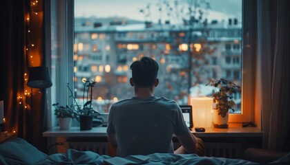 Teenage boy is working on his assignment on his laptop on the bed. Teenage boy is typing on his laptop. Photo of teenage boy typing on laptop in room with large window