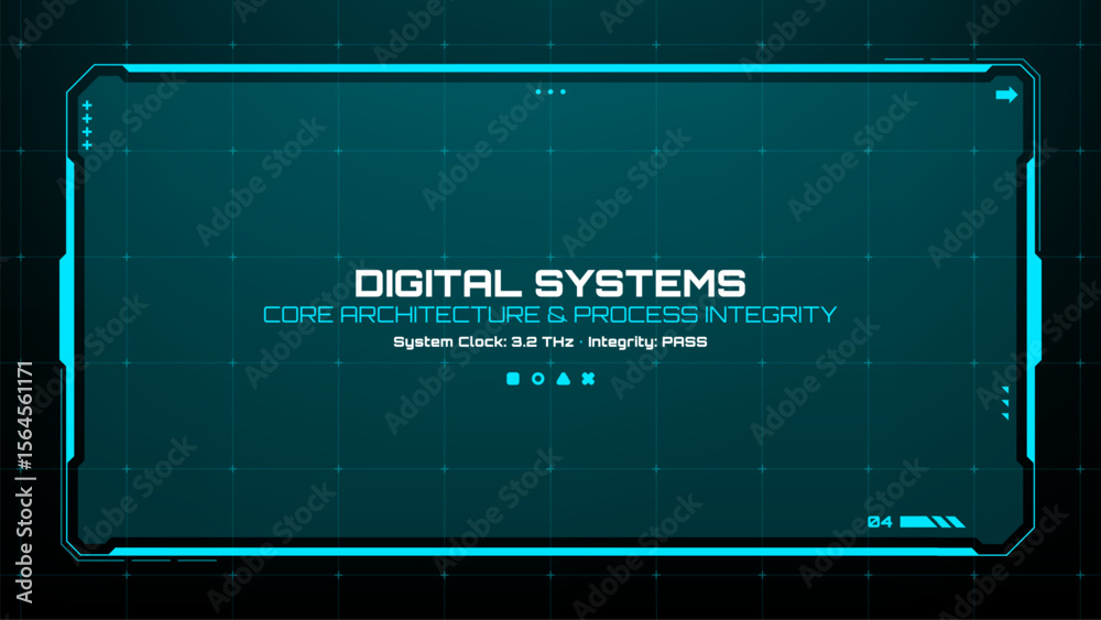 Poster Blue digital systems display with information on core architecture and process integrity. Futuristic HUD vector graphics for UI