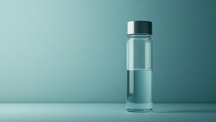 Glass vial with liquid and metal cap on teal background