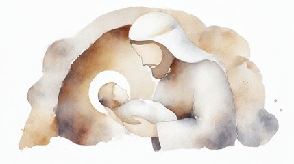 Fototapeta premium Man, Joseph, holding newborn baby Jesus in arms, abstract watercolor painting of religious Christmas nativity scene.