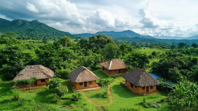 A aerial view of thatched roof huts in a lush green valley with mountains and cloudy sky at daytime a