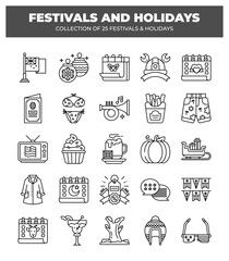 Collection of 25 Festivals and Holidays. Line Icons