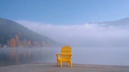 Serene yellow chair by a misty lake at dawn