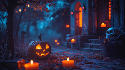Obraz premium A spooky Halloween night scene with a jack-o'-lantern and a skull.