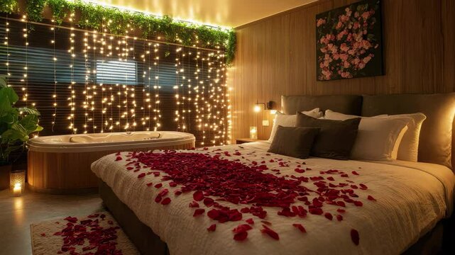 A romantic bedroom with rose petals on bed and string lights near jacuzzi with candles around room a