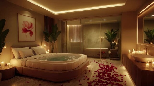 A luxurious bedroom suite with jacuzzi tub and rose petals for romantic relaxation getaway scene a
