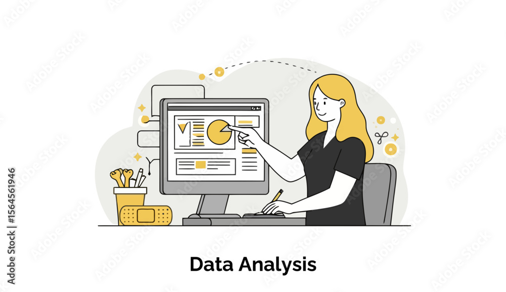Poster female data analyst in casual attire pointing at a computer screen displaying data visualizations in