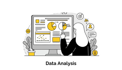 Female professional in business attire analyzing data on a computer screen in a modern office setting.