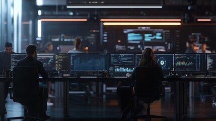 People working at computers with multiple screens displaying data and graphs in a dimly lit office environment