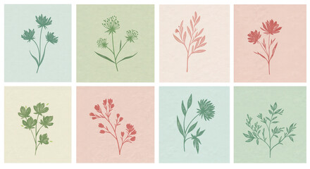 Botanical illustrations of flowers in pastel colors and soft style  