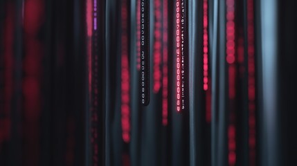 Obraz premium Abstract image featuring vertical lines of illuminated code and patterns with a blurred red and dark blue background