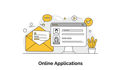 Online application process with email and computer screen. Generic demographic submission for job opportunities, illustration.