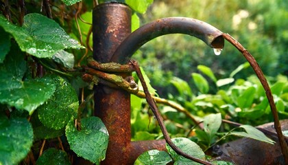 Water dripping from old rusty metal pipe in green jungle or garden setting 