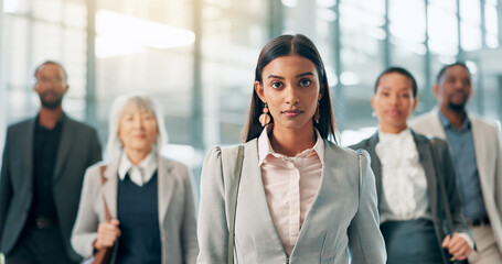 Portrait, business and woman with staff at airport for work travel, airplane flight and conference....