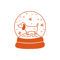 Dog in Snow Globe. Doodle style Winter Christmas Toy with dachshund puppy inside. Whimsical Retro vector illustrations.