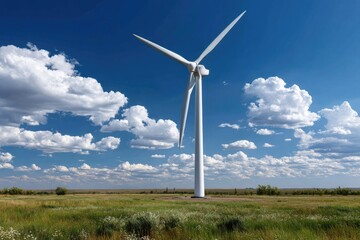 Fototapeta premium A modern wind turbine standing tall in an open field under a vibrant blue sky