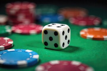 Close-up of a Single Die on Green Felt with Scattered Poker Chips, Suggesting a Game of Chance and Uneven Odds