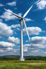Fototapeta premium A modern wind turbine standing tall in an open field under a vibrant blue sky