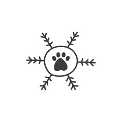Snowflake with Paw Print. Unique winter snow doodle. Seasonal pet designs. Cat and Dog greeting elements. Vector illustration