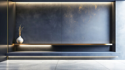 Minimalist workspace, sleek wooden desk with modern lamp, clean black backdrop, ideal for productivity and creativity.