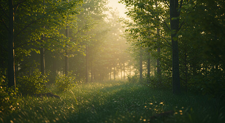 Obraz premium Sunlit forest path in morning mist