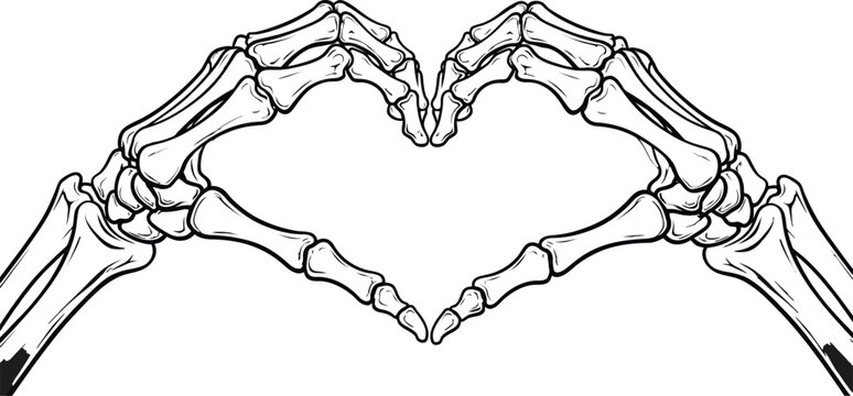 Skeleton hands forming a heart shape on a checkered gray background