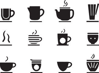 Coffee and tea drink icon set, tea, and refreshment symbols for menu, teacup, iced drink, cappuccino, smoothie, latte, soda
