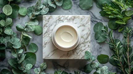 White skincare cream jar on marble with fresh green leaves – natural beauty product concept