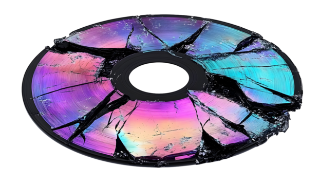 Iridescent broken CD on black background illustrating data loss and obsolescence