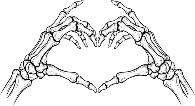 Two skeleton hands forming a heart shape against a transparent background