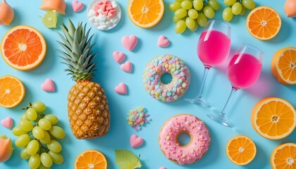 Cheerful Candy and Fruit Flat Lay with Pink Drinks on a Pastel Blue Surface